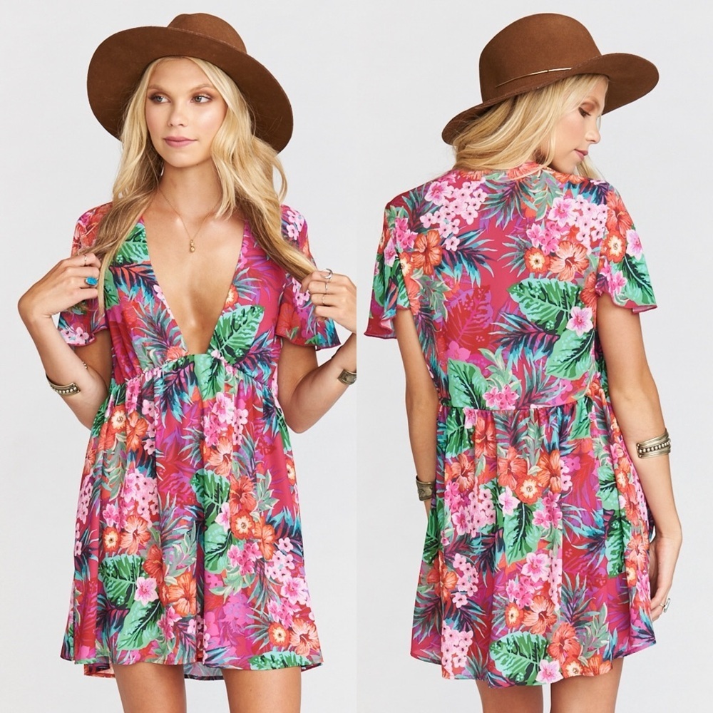 MuMu Austin Babydoll tropical Aloha pink Colorful floral beach vaca Dress large